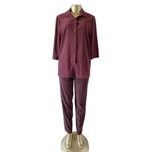 R&K Originals 2 Piece Set Women's 6 Burgundy Button Front Top & Paisley Pants
